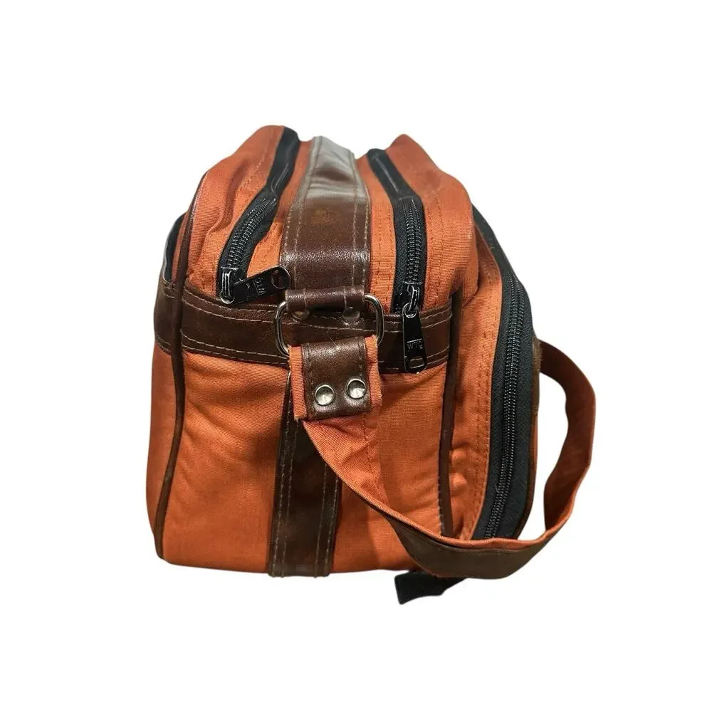 Vtg Camera Bag Orangish Brown Canvas Faux Leather Trim Padded Case Strap 12x7.5